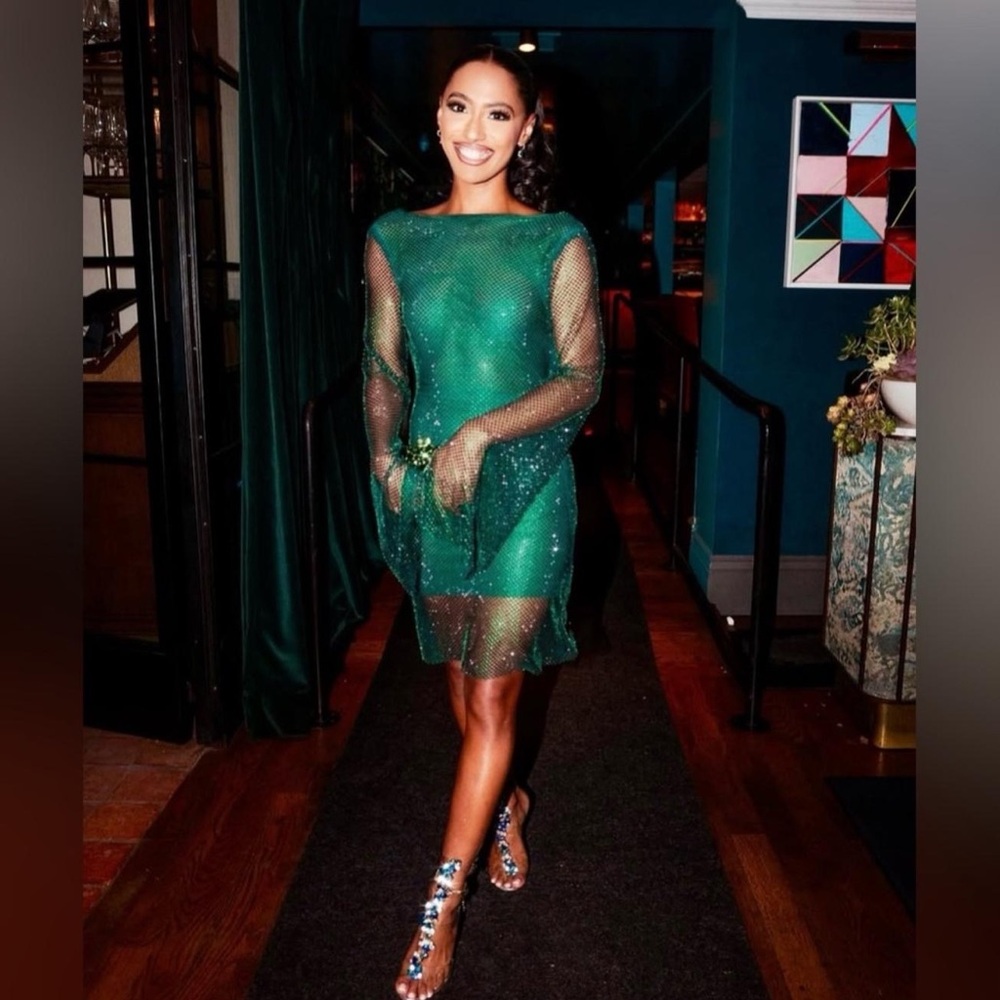 Meshki Asymmetrical Emerald Green Mesh Mini Dress – Size L - Picture 3 of 8